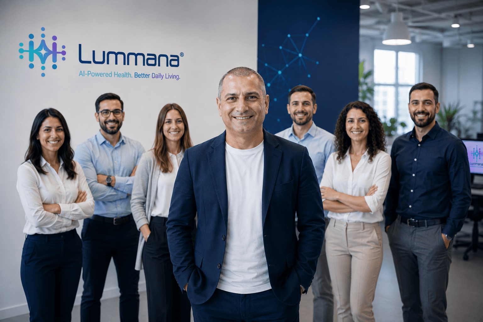 The Lummana team standing together in the office in front of the Lummana logo
