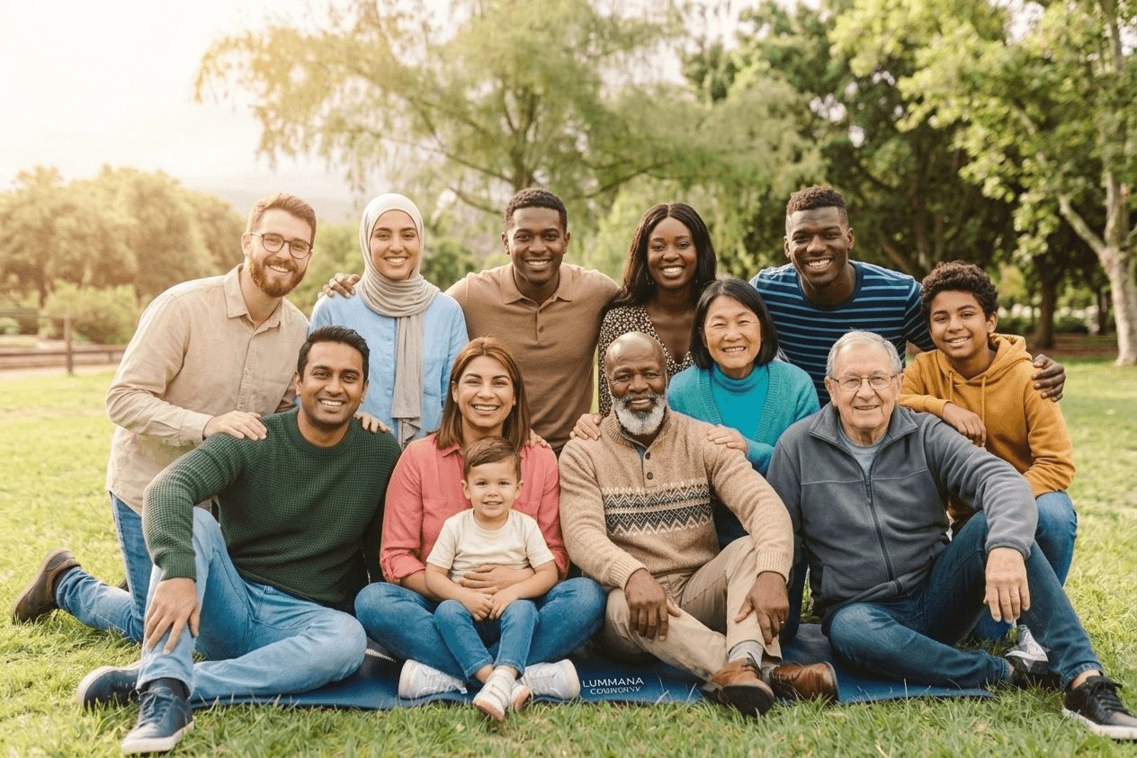 A large, multigenerational group of people smiling together outdoors, representing the Lummana community